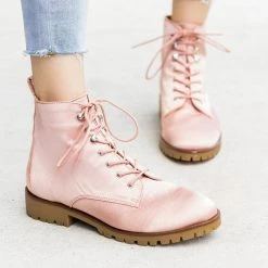 Qupid Shoes Satin Fashion Lace-Up Combat Boots