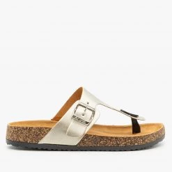 Anna Shoes Shimmery Metallic Buckled Cork Slides