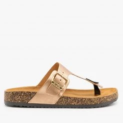 Anna Shoes Shimmery Metallic Buckled Cork Slides