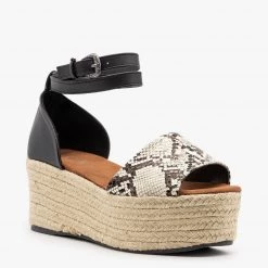 Qupid Shoes Newest Arrivals Snake Wraparound Ankle Espadrille Wedges