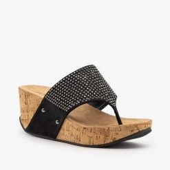 Soda Shoes Studded Thong-Toed Cork Wedge Sandals