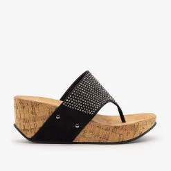 Soda Shoes Studded Thong-Toed Cork Wedge Sandals