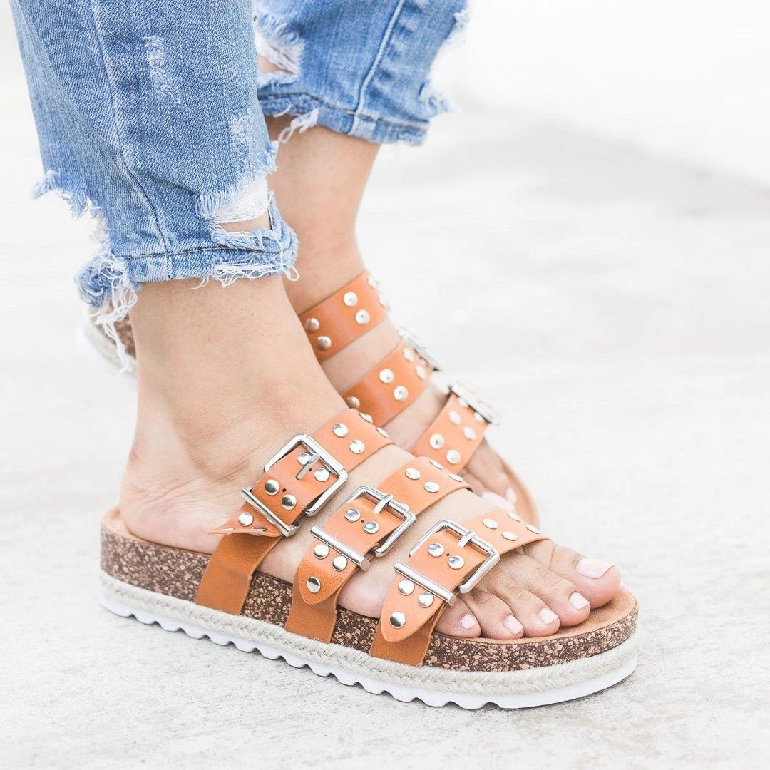 Nature Breeze Studded Triple Buckle Cork Slides 4 Nature Breeze Studded Triple Buckle Cork Slides