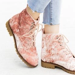Qupid Shoes Newest Arrivals Velvet Fashion Lace-Up Combat Boots