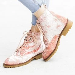 Qupid Shoes Newest Arrivals Velvet Fashion Lace-Up Combat Boots
