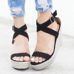 Qupid Shoes Woven Criss Cross Espadrille Wedges